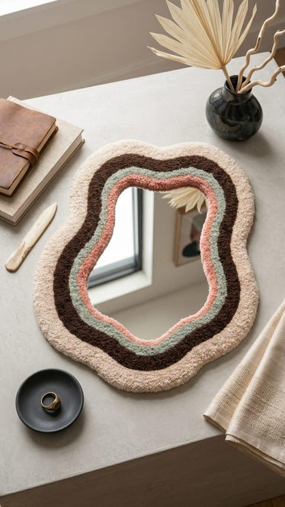 Tufted Wavy Mirror | Sage Green Pink Punch Needle Wall Art, Boho Decor