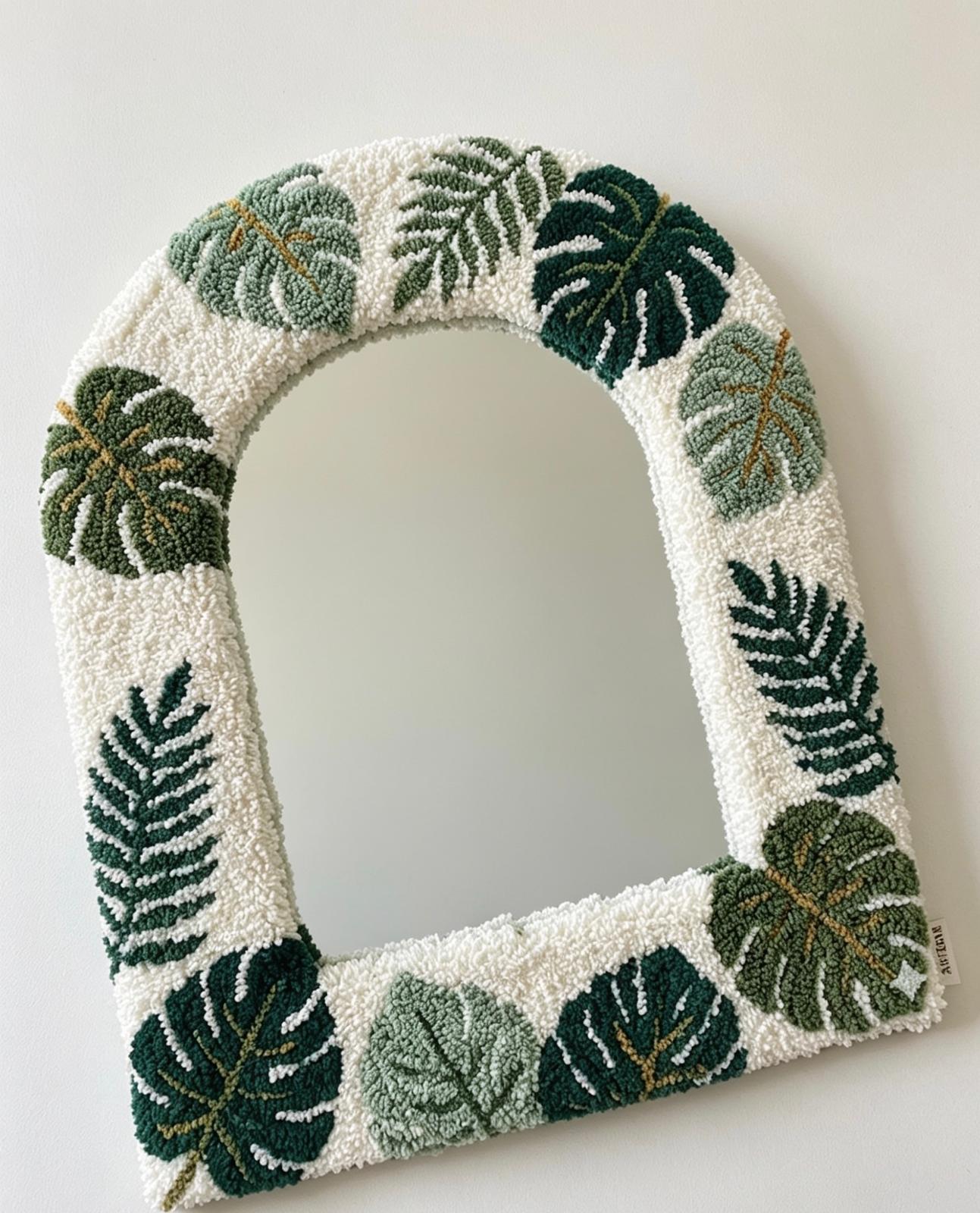 Tufted Arch Mirror with Monstera Leaves, Punch Needle Botanical Wall Decor