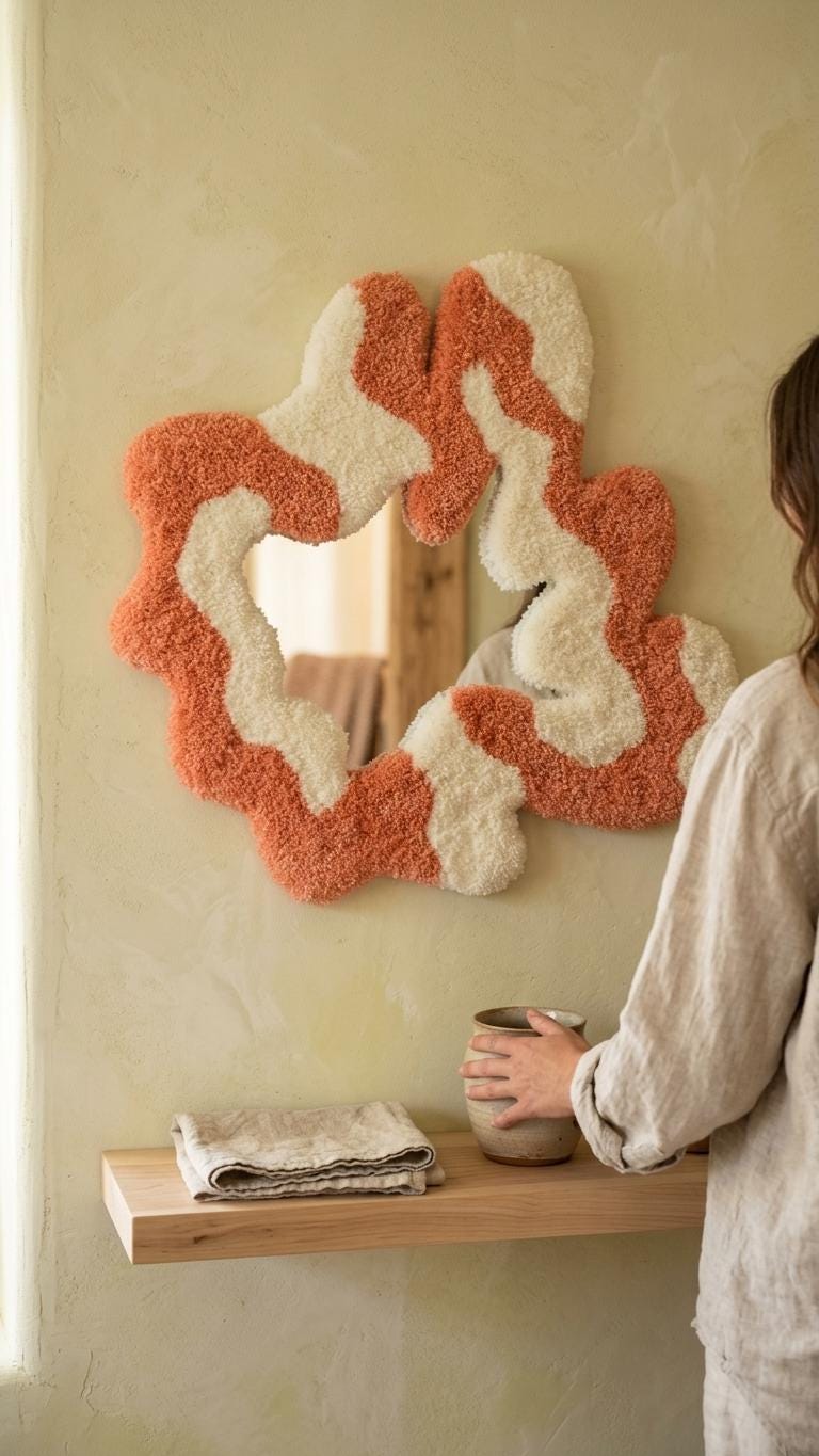 Handmade Tufted Wavy Mirror, Terracotta Cream Organic Wall Decor