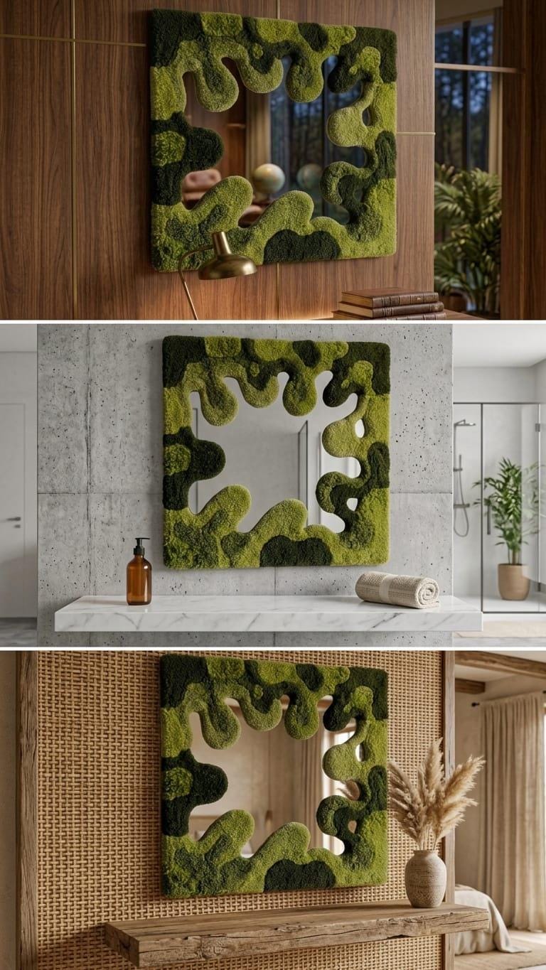 Tufted Moss Mirror | Wavy Punch Needle Wall Art, Organic Modern Decor