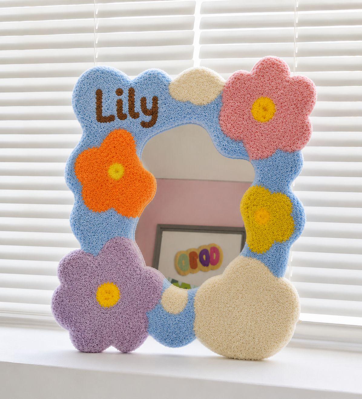 Custom Tufted Flower Mirror, Handmade Wavy Punch Needle Decor
