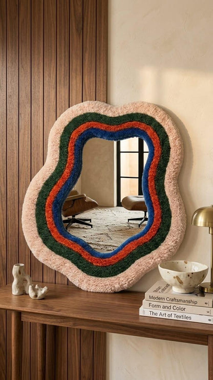 Tufted Wavy Mirror | Retro 70s Punch Needle Wall Art, Mid Century Modern Home Decor