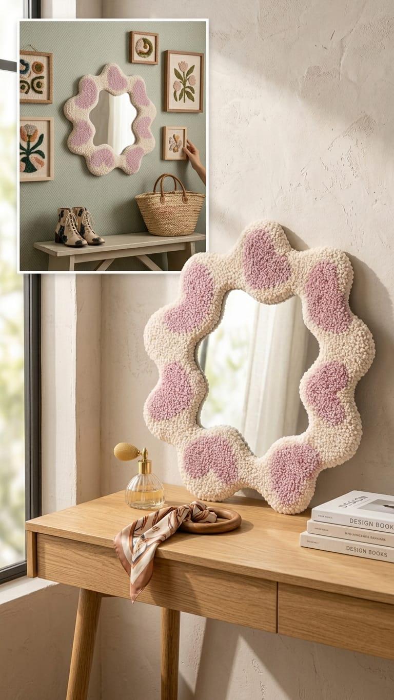 Tufted Heart Mirror, Wavy Pink Punch Needle Wall Decor, Danish Pastel Room Accessory