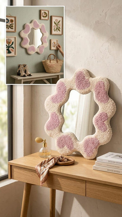 Tufted Heart Mirror, Wavy Pink Punch Needle Wall Decor, Danish Pastel Room Accessory
