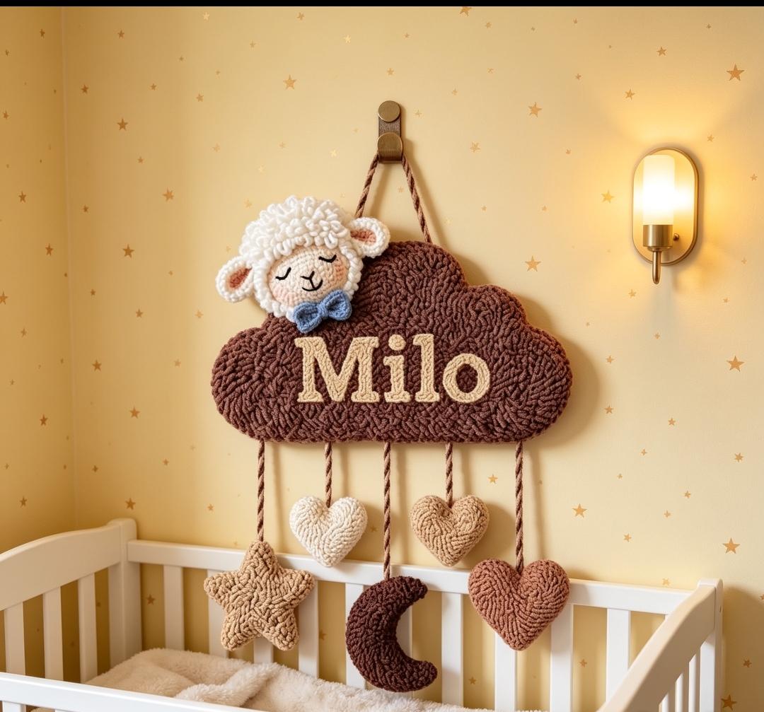 Personalized Tufted Cloud Name Sign, Boho Sheep Nursery Art, Earthy Baby Decor