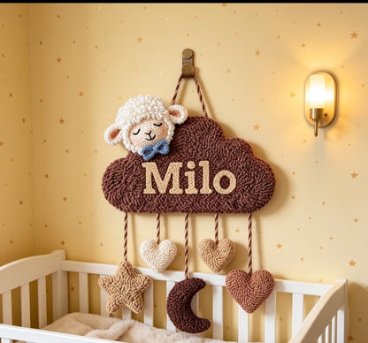 Personalized Tufted Cloud Name Sign, Boho Sheep Nursery Art, Earthy Baby Decor