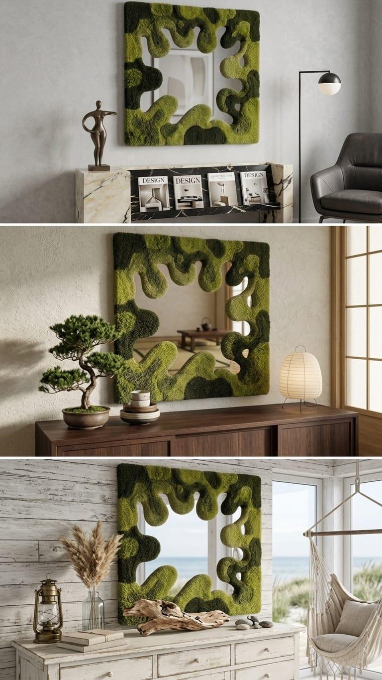 Tufted Moss Mirror | Wavy Punch Needle Wall Art, Organic Modern Decor