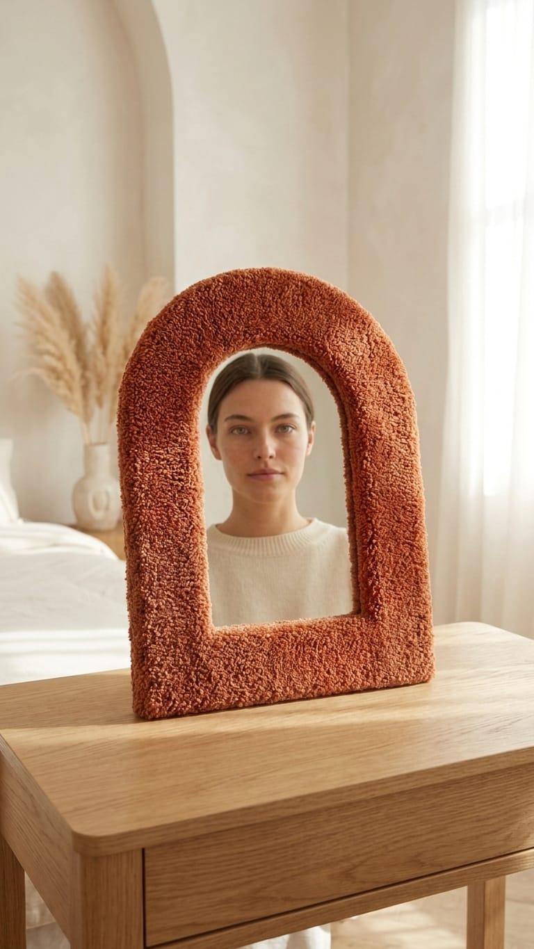 Handmade Bouclé Arch Mirror, Burnt Orange Plush Wall Decor, Cozy Bedroom Vanity Mirror