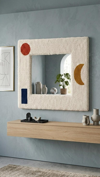 Punch Needle Mirror, Tufted Geometric Boho Wall Decor, Mid Century Abstract Cosmetic Mirror
