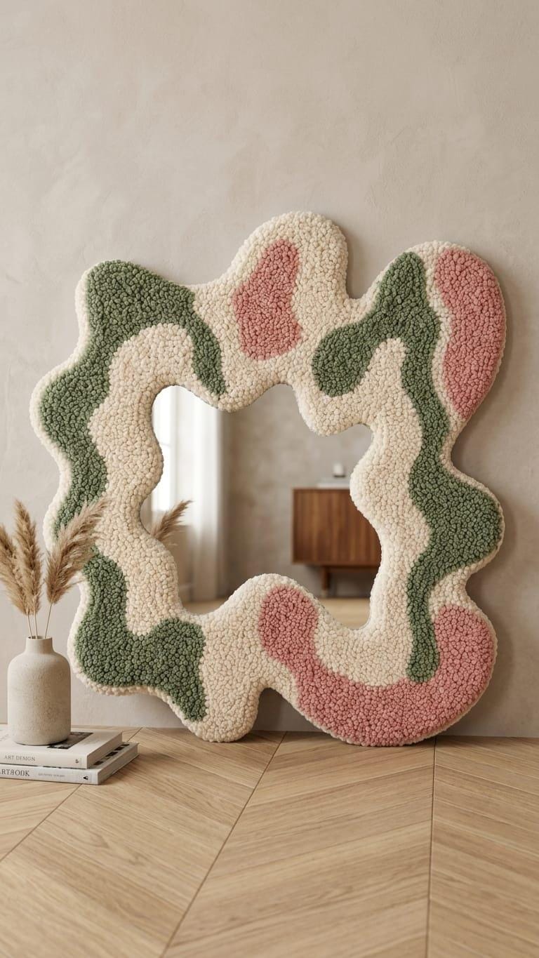 Tufted Wavy Mirror, Punch Needle Wall Art, Sage Green Pink Cream Danish Pastel Decor