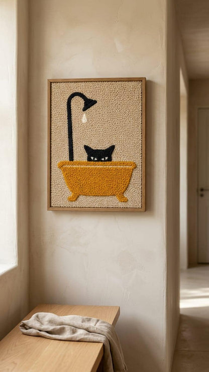 Funny Black Cat Bathtub Wall Art | Tufted Cat in Bath Punch Needle Frame | Cute Bathroom Restroom Decor | Framed Textile Art Gift