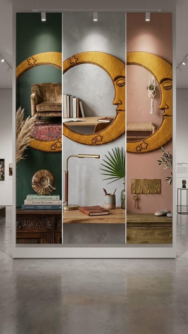 Tufted Celestial Crescent Moon Mirror | Gold Moon Face Punch Needle Wall Art | Mystical Astrology Room Decor | Whimsical Star Accent