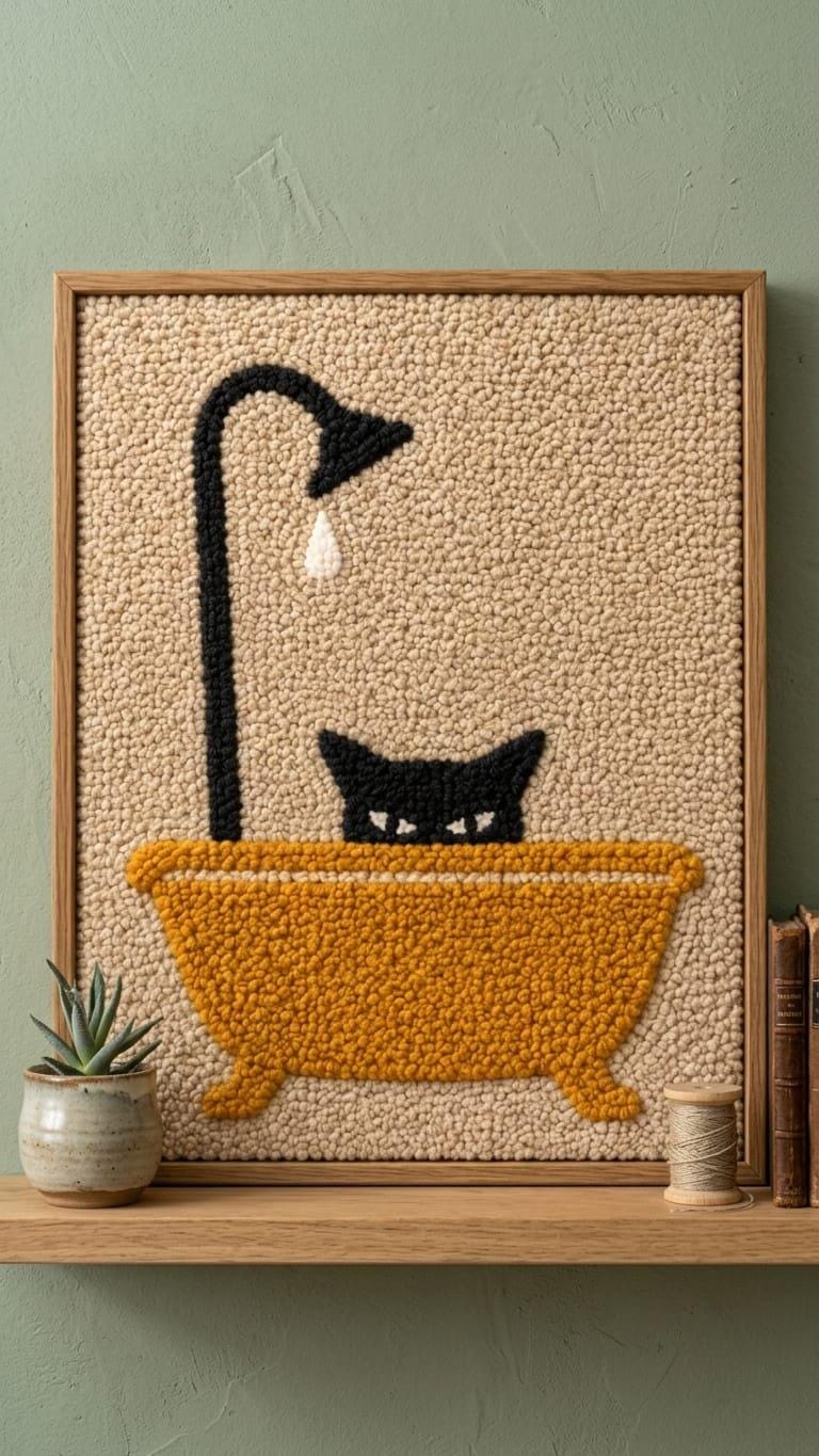 Funny Black Cat Bathtub Wall Art | Tufted Cat in Bath Punch Needle Frame | Cute Bathroom Restroom Decor | Framed Textile Art Gift