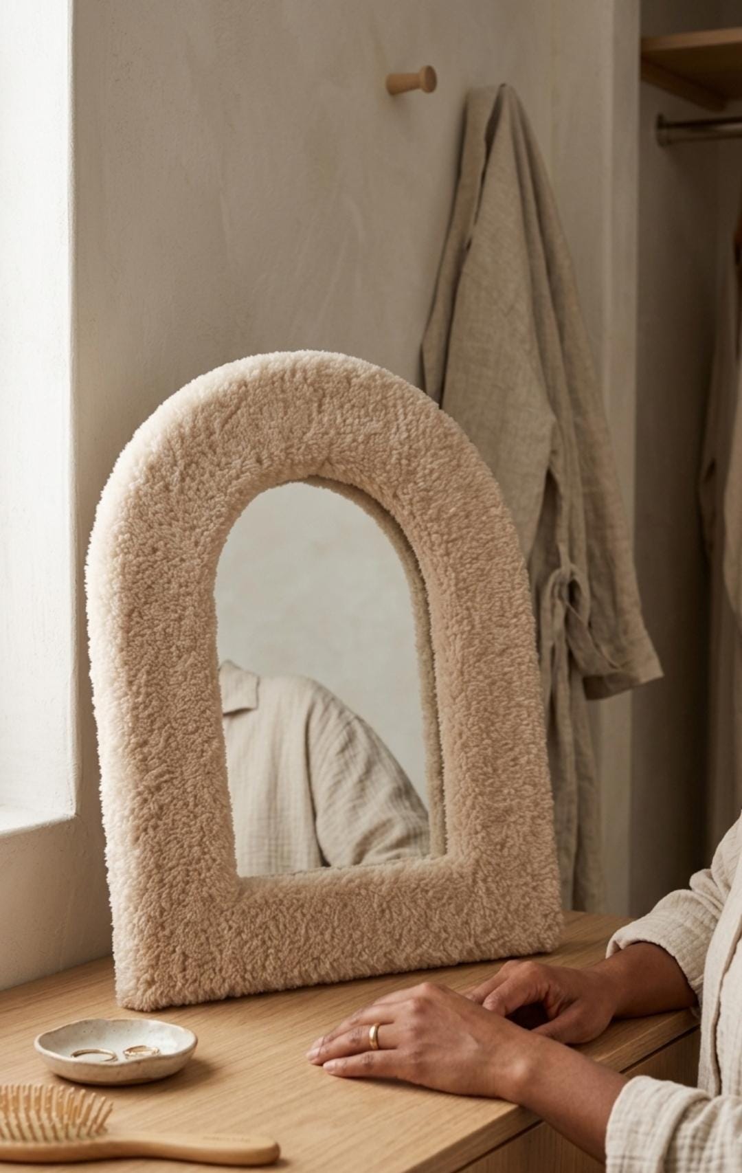 Handmade Boucle Arch Mirror, Plush Vanity Decor, Soft Cream Texture Wall Accent