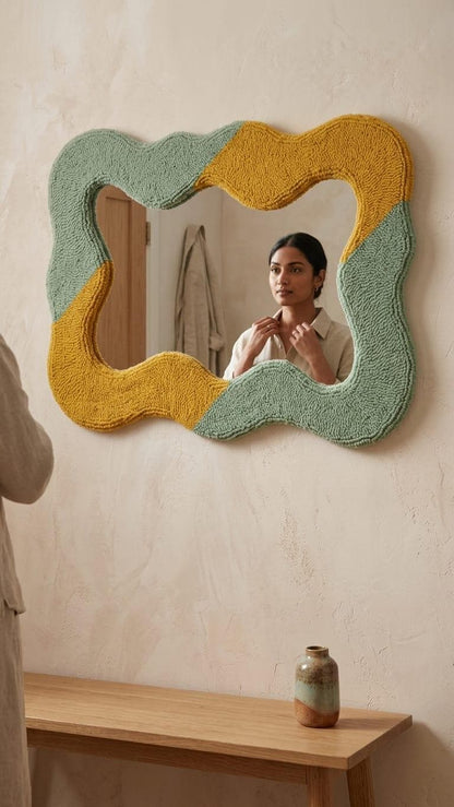 Tufted Wavy Mirror, Sage Green Mustard Yellow Punch Needle Wall Art
