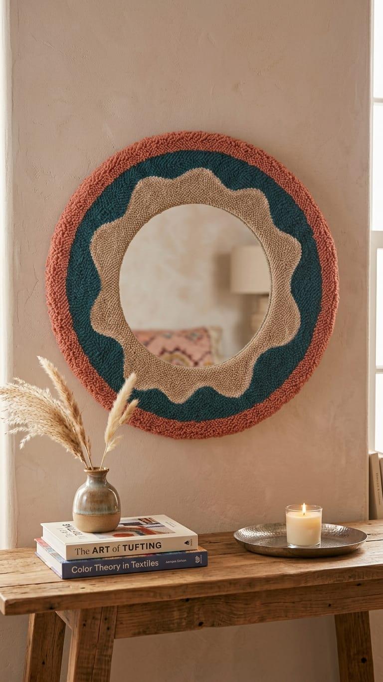 Round Tufted Mirror, Punch Needle Flower Wall Art, Retro Boho Decor