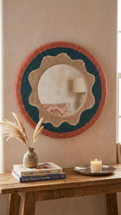 Round Tufted Mirror, Punch Needle Flower Wall Art, Retro Boho Decor