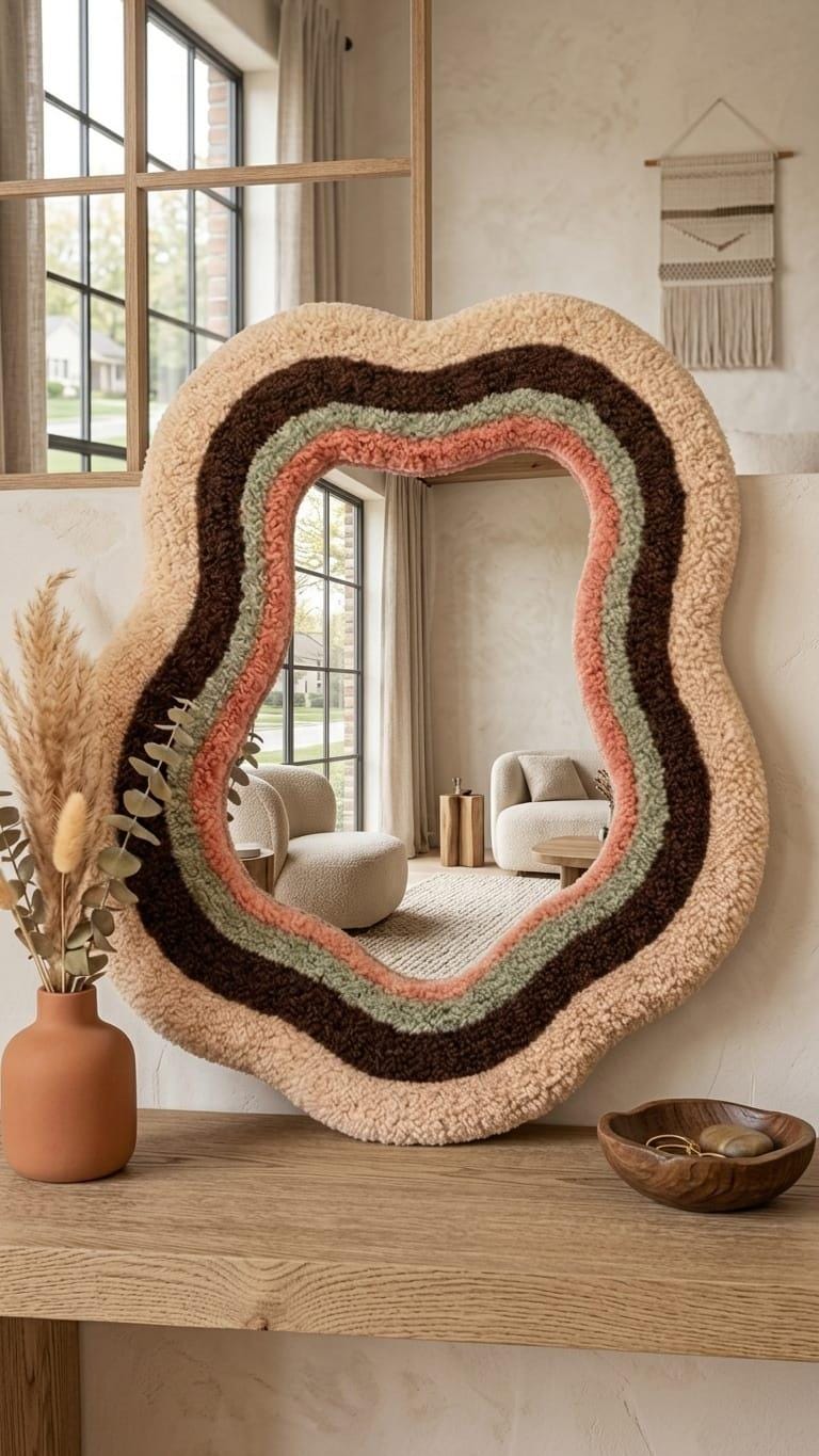 Tufted Wavy Mirror | Sage Green Pink Punch Needle Wall Art, Boho Decor