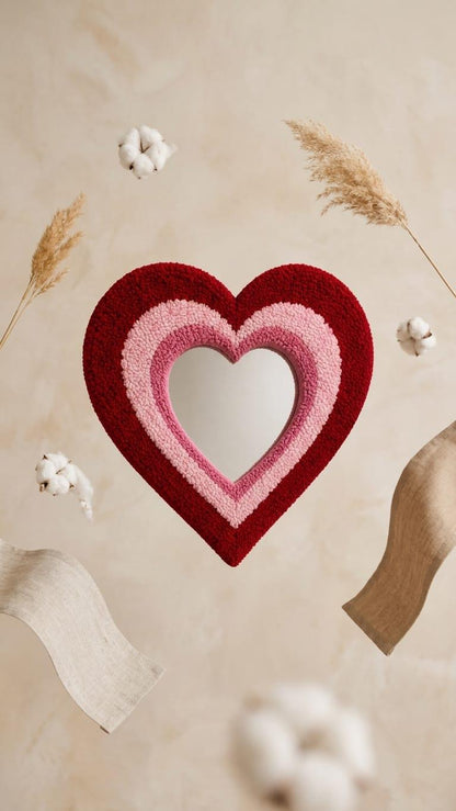 Heart Shaped Mirror, Tufted Heart Mirror, Pink and Red Wall Decor, Handmade Mirror, Coquette Room Decor, Funky Bedroom Mirror, Romantic Gift
