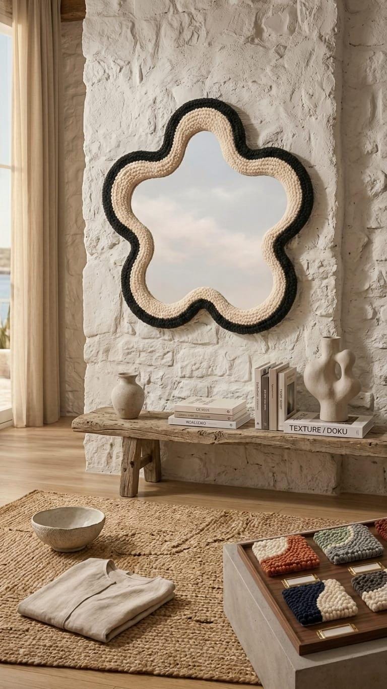 Tufted Flower Mirror | Black and Cream Punch Needle Wall Art | Wavy Star Shaped Mirror | Modern Japandi Room Decor | High Contrast Accent