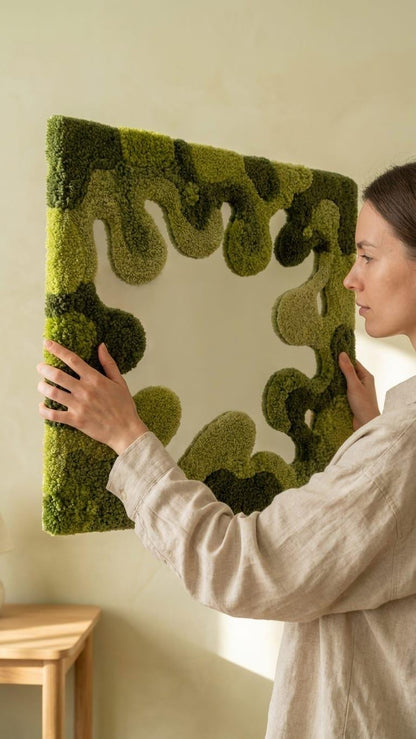 Tufted Moss Mirror | Wavy Punch Needle Wall Art, Organic Modern Decor