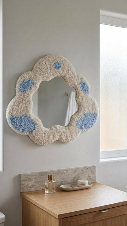Handmade Tufted Cloud Mirror, Irregular Fluffy Frame, Pastel Nursery Decor