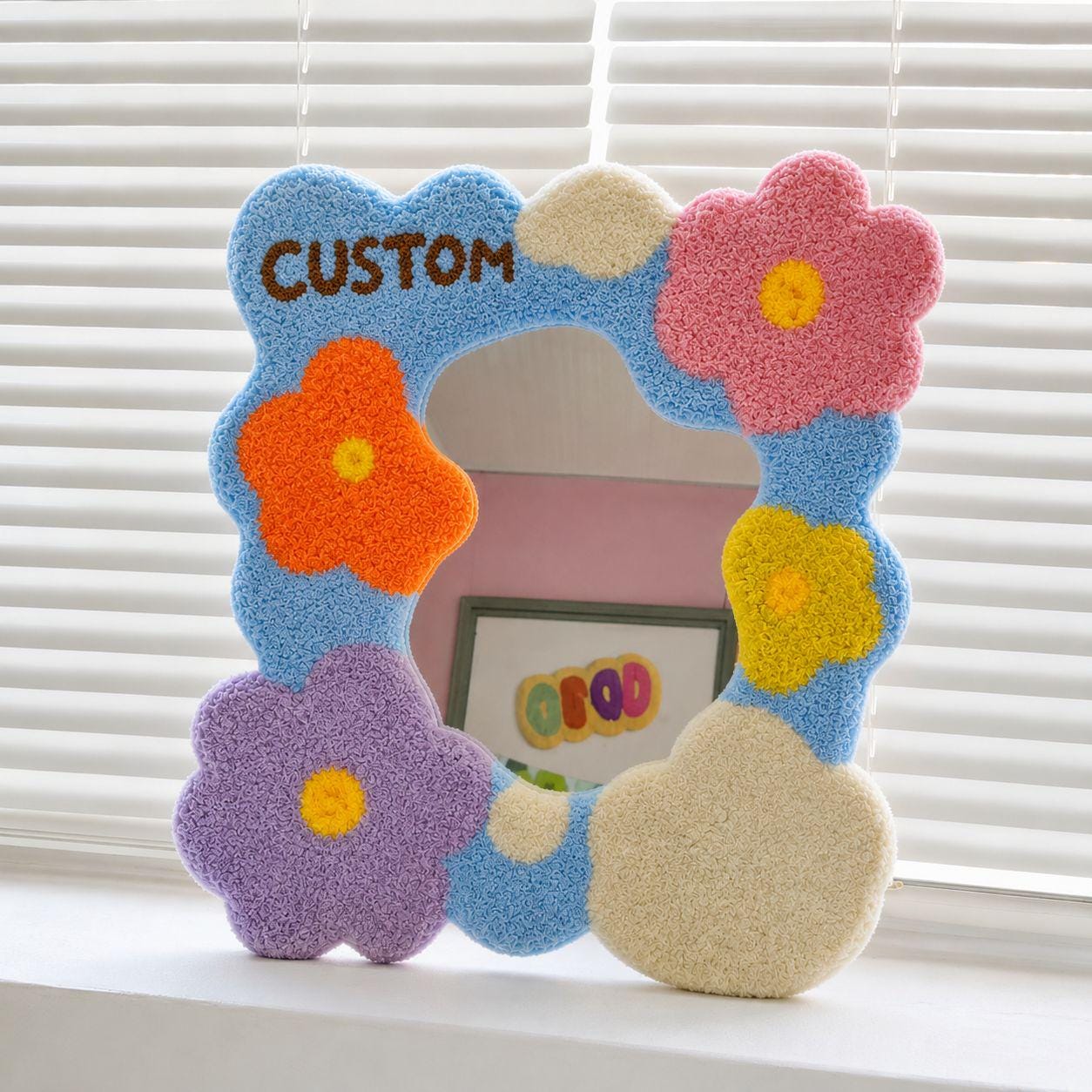 Custom Tufted Flower Mirror, Handmade Wavy Punch Needle Decor