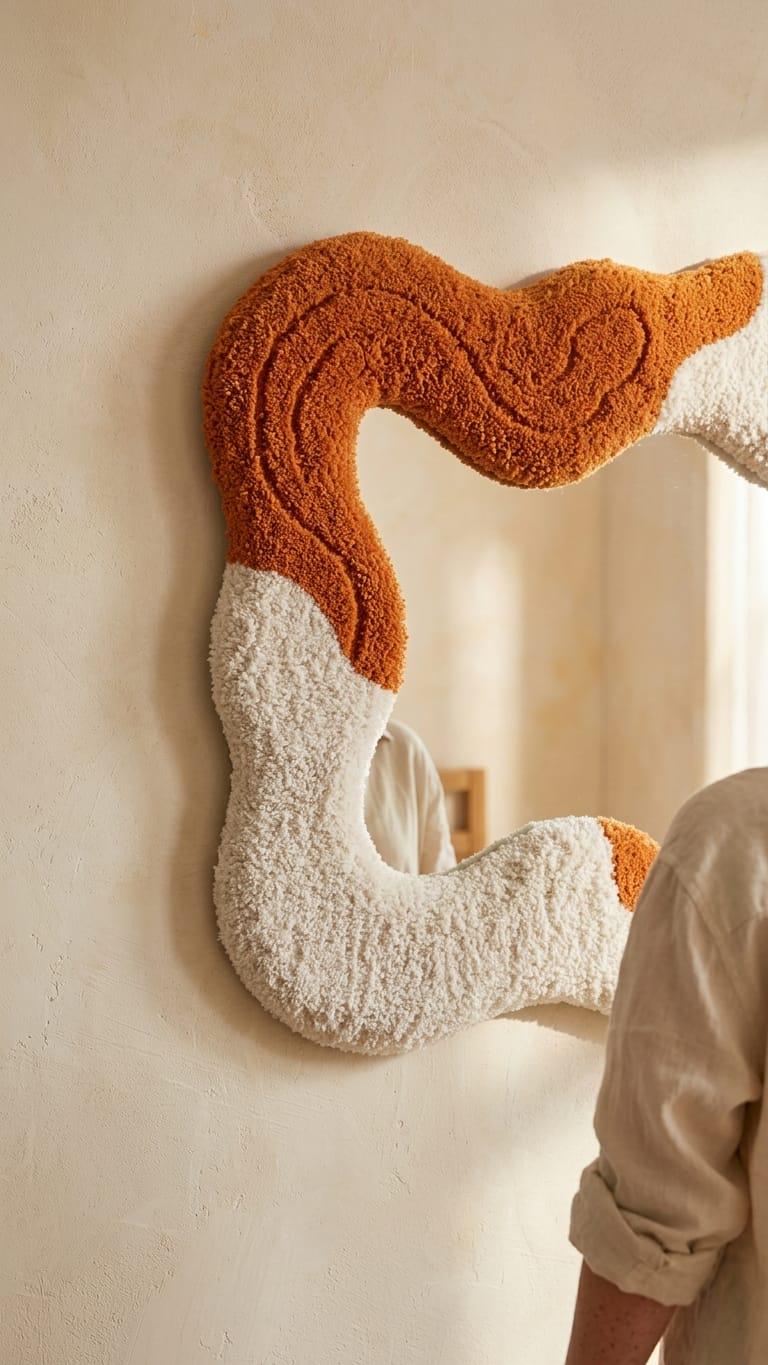 Tufted Wavy Mirror, Terracotta Asymmetrical Boho Wall Art, Punch Needle Decor
