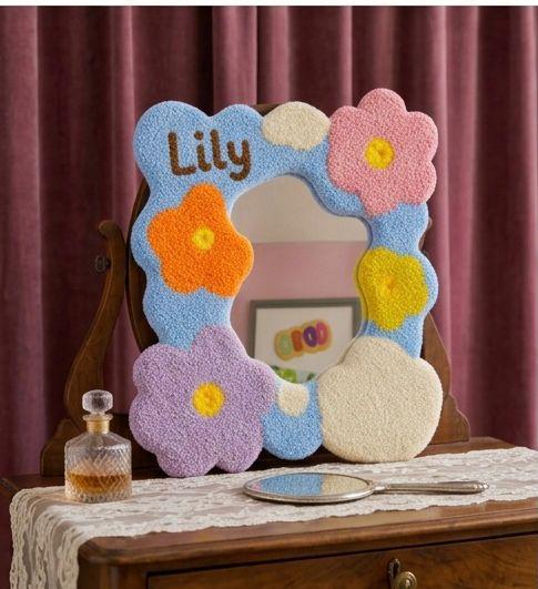 Custom Tufted Flower Mirror, Handmade Wavy Punch Needle Decor