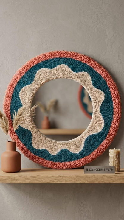 Round Tufted Mirror, Punch Needle Flower Wall Art, Retro Boho Decor