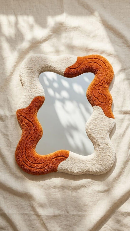 Tufted Wavy Mirror, Terracotta Asymmetrical Boho Wall Art, Punch Needle Decor