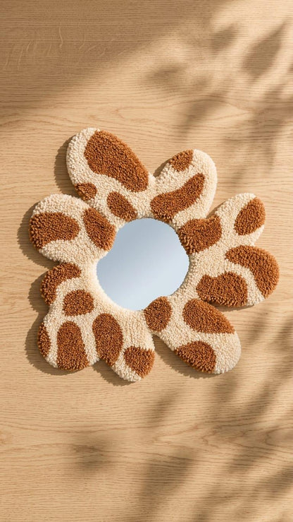 Tufted Flower Mirror | Giraffe Print Punch Needle Wall Art | Boho Decor