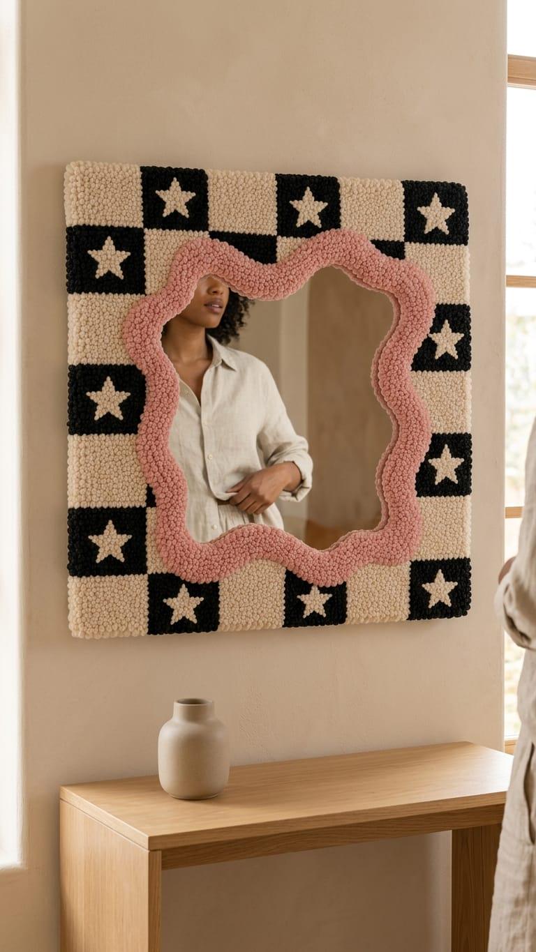 Tufted Checkerboard Mirror, Pink Wavy Border, Punch Needle Star Wall Art