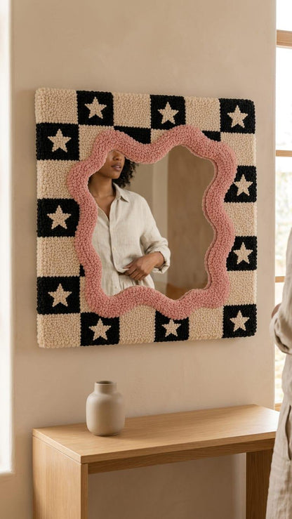 Tufted Checkerboard Mirror, Pink Wavy Border, Punch Needle Star Wall Art