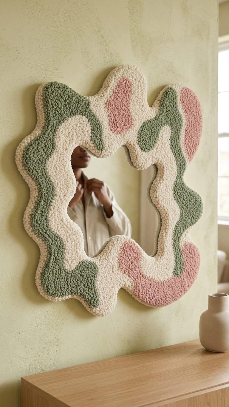 Tufted Wavy Mirror, Punch Needle Wall Art, Sage Green Pink Cream Danish Pastel Decor