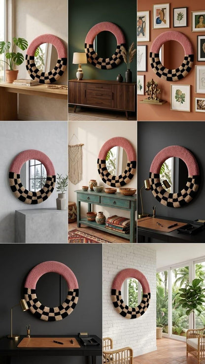Handmade Tufted Round Mirror | Pink Checkerboard Punch Needle Wall Art