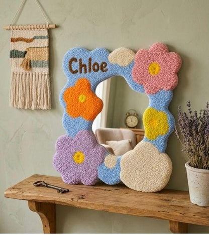 Custom Tufted Flower Mirror, Handmade Wavy Punch Needle Decor
