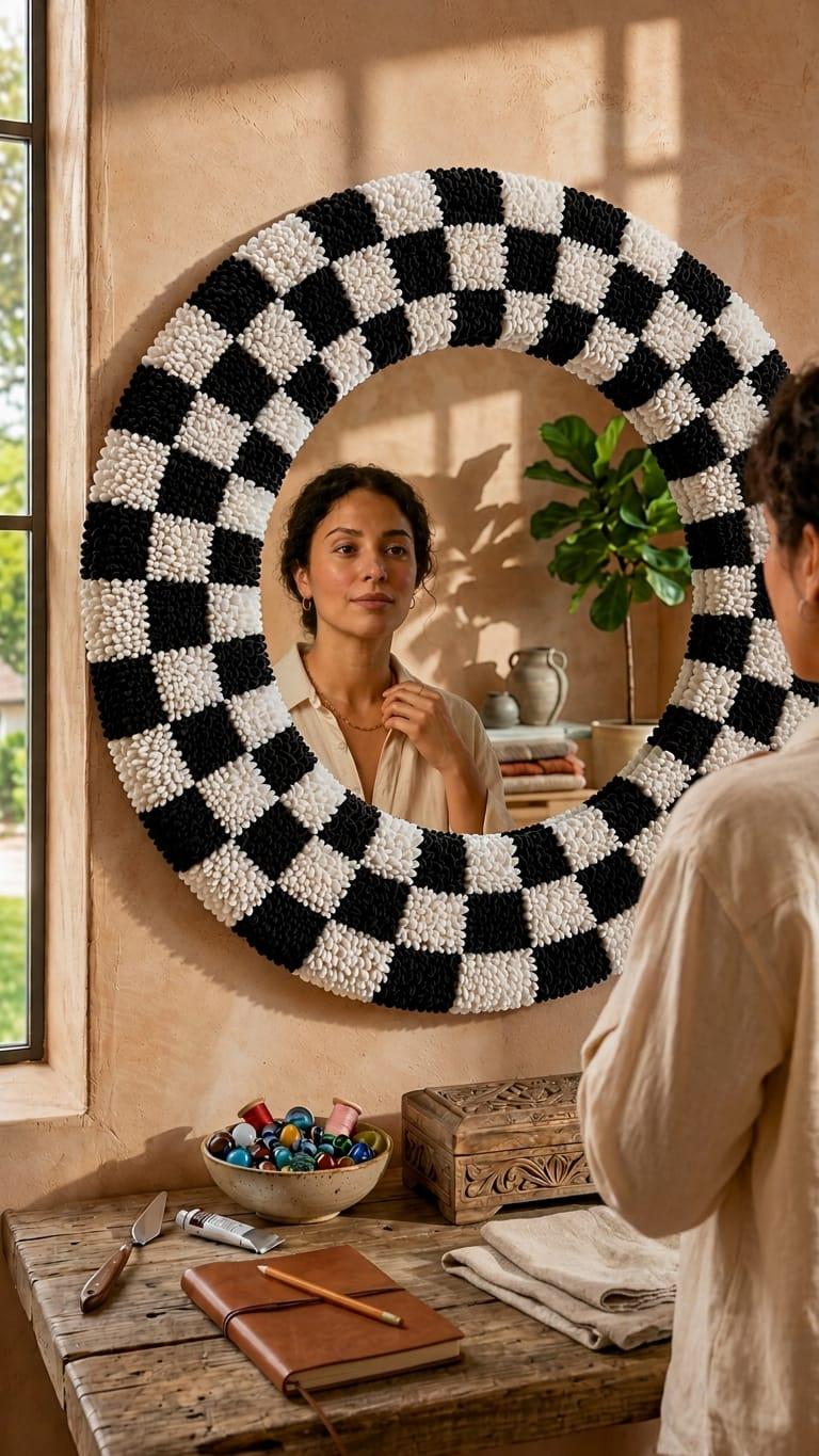 Tufted Checkerboard Mirror | Round Punch Needle Wall Art, Retro Decor