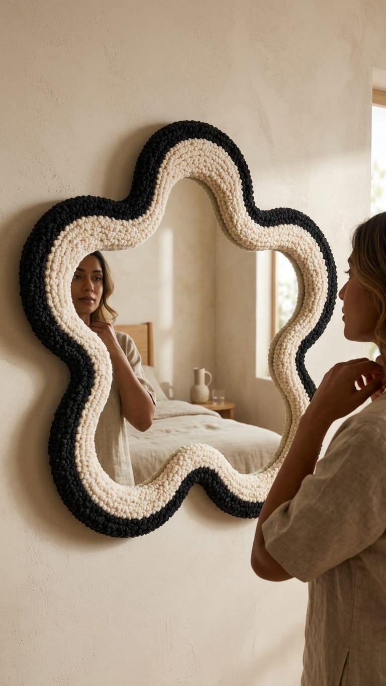 Tufted Flower Mirror | Black and Cream Punch Needle Wall Art | Wavy Star Shaped Mirror | Modern Japandi Room Decor | High Contrast Accent