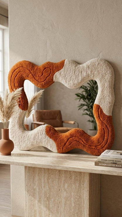 Tufted Wavy Mirror, Terracotta Asymmetrical Boho Wall Art, Punch Needle Decor
