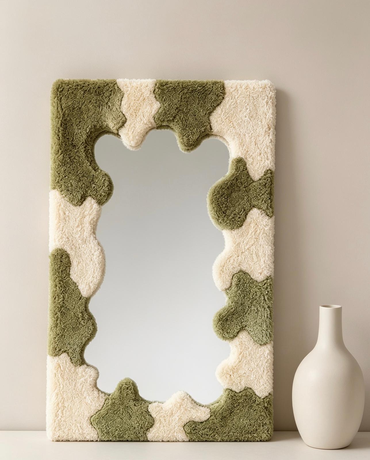 Handmade Tufted Cow Print Mirror, Wavy Plush Vanity Wall Decor