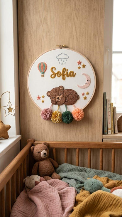 Personalized Sleeping Bear Punch Needle Hoop Art, Boho Nursery Name Sign