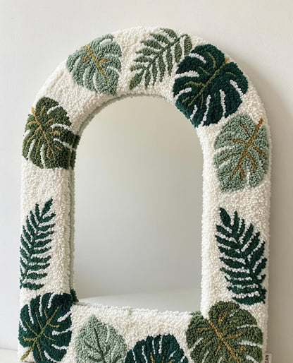 Tufted Arch Mirror with Monstera Leaves, Punch Needle Botanical Wall Decor