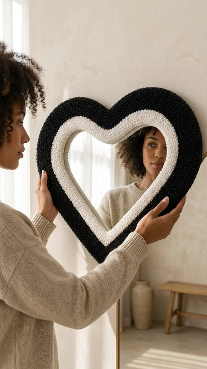 Black Heart Tufted Mirror, Handmade Heart Wall Mirror, Funky Punch Needle Mirror, Cute Bedroom Decor, Dopamine Wall Decor, Unique Gift