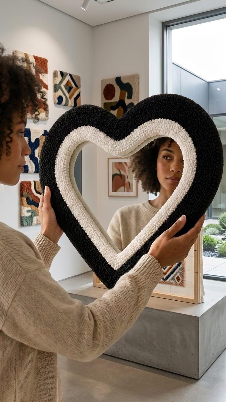 Black Heart Tufted Mirror, Handmade Heart Wall Mirror, Funky Punch Needle Mirror, Cute Bedroom Decor, Dopamine Wall Decor, Unique Gift
