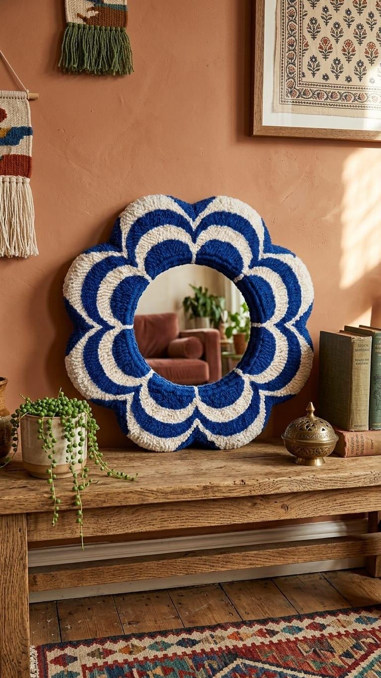 Tufted Flower Mirror, Blue White Wavy Punch Needle Desk Decor