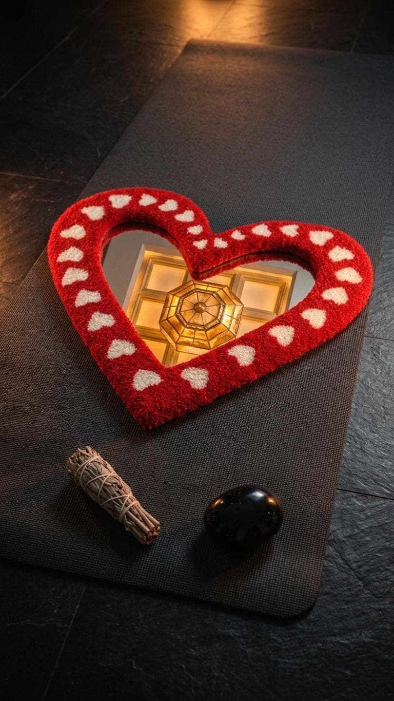 Handmade Heart Tufted Mirror, Red Plush Wall Decor, Romantic Valentine Room Accent