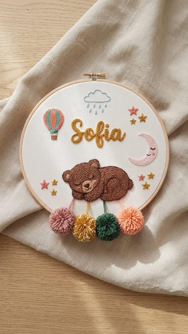 Personalized Sleeping Bear Punch Needle Hoop Art, Boho Nursery Name Sign