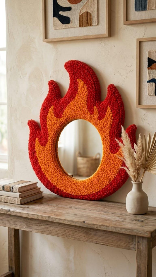 Flame Mirror, Tufted Wall Mirror, Fire Shaped Mirror, Red Orange Mirror, Funky Wall Decor, Y2K Room Decor, Handmade Statement Mirror