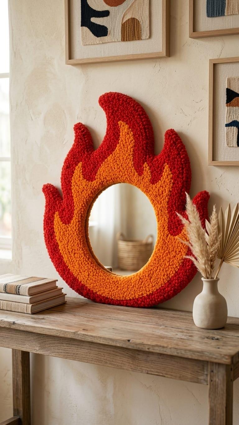 Flame Mirror, Tufted Wall Mirror, Fire Shaped Mirror, Red Orange Mirror, Funky Wall Decor, Y2K Room Decor, Handmade Statement Mirror